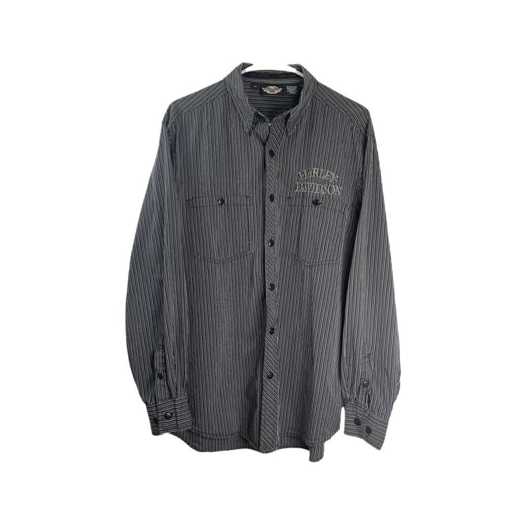 Harley Davidson Button Down Long Sleeve Embroidered Striped Shirt Size M Black G